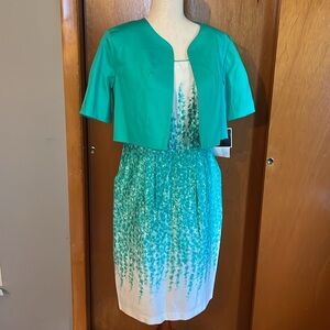 SUNHEE, sleeveless floral dress with short sleeves jacket. Size 8, aqua / white